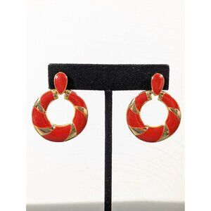 Vintage Red Enamel Gold Tone Round Hoop Dangle Earrings Pierced